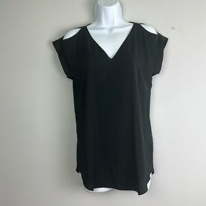 Express Black Satin Cuffed Cold Shoulder Short Sleeve Career Blouse Size S Top